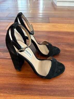 Steve Madden Carrson Black Suede Ankle Strap Block Heels, Leather Upper